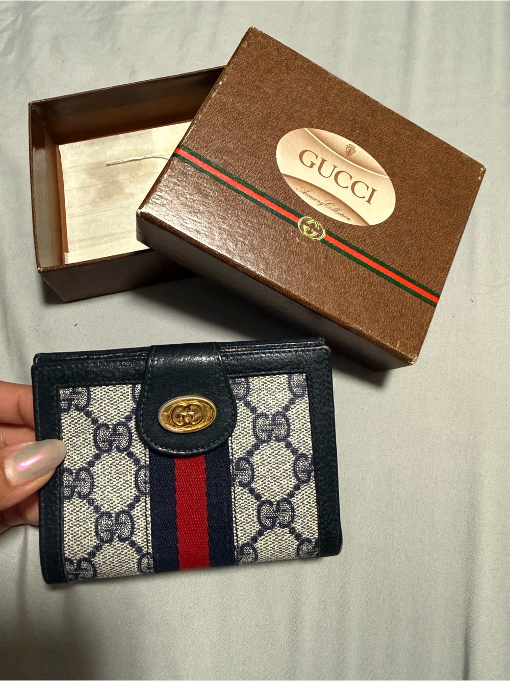 Gucci Navy, Red & Beige Monogram Bifold Wallet with Gold GG